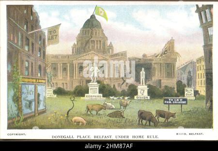 Carte postale satirique montrant la place Donegall, Belfast, en vertu de la règle 1900s de l'intérieur Banque D'Images