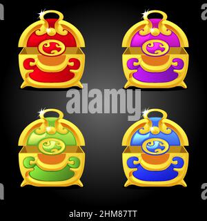 Coffres vides multicolores ouverts et lumineux pour le jeu. Illustration de Vecteur