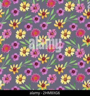 Motif fleuri aquarelle sans couture, imprimé moquette de fleur répété, fond en tissu botanique, papier peint floral décoratif, décoration en tissu de petite fleur Banque D'Images