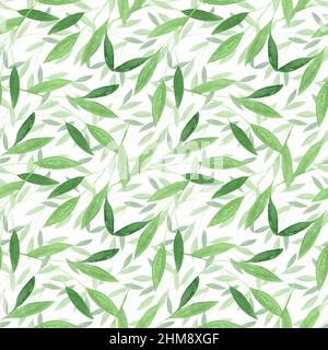Motif feuilles aquarelle, fond vert sans couture, papier peint botanique textile, fond de répétition dessiné à la main, décoration de feuillage, imprimé printanier Banque D'Images