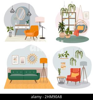 Une collection d'intérieurs confortables pour le repos et la détente. Mobilier élégant dans un environnement confortable. Illustration vectorielle. Illustration de Vecteur