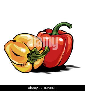 Poivrons tout frais sur fond blanc. Des légumes juteux dans un style réaliste. Illustration vectorielle dessinée à la main. Illustration de Vecteur