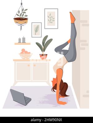 Femme entre pour le sport à la maison. Entraînement en ligne à la maison. Yoga et fitness, mode de vie sain. Illustration vectorielle. Illustration de Vecteur