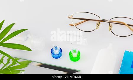Kit de lentilles de contact avec lentilles, conteneur, lunettes et gouttes pour les yeux sur une table blanche avec espace de copie. Le concept de l'utilisation correcte des lentilles de contact et de nuit Banque D'Images