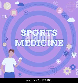 Légende conceptuelle médecine du sport. Concept signification traitement et prévention des blessures liées à l'homme d'affaires sportif pensée innovante leader Banque D'Images