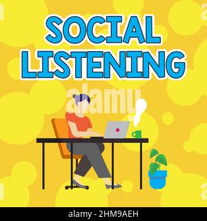Légende de texte présentant l'écoute sociale. Idée d'entreprise analyser les conversations et les tendances de votre produit femme assis avec ordinateur portable vue arrière Banque D'Images