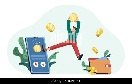 Illustration du vecteur plat de remboursement. Un homme heureux avec des pièces d'or recevez de l'argent, recevez des récompenses pour les achats en ligne. Transfert d'argent depuis l'application mobile sur le portefeuille électronique. Remboursement, remboursement de bonus ou économies financières. Illustration de Vecteur