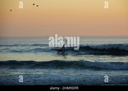 7 février 2022, Matosinhos, Porto, Portugal : un surfeur fait une vague sur la plage de Matosinhos. Les gens surfent sur la plage de Matosinhos même pendant la pandémie de Covid-19. (Image de crédit : © Rita Franca/SOPA Images via ZUMA Press Wire) Banque D'Images