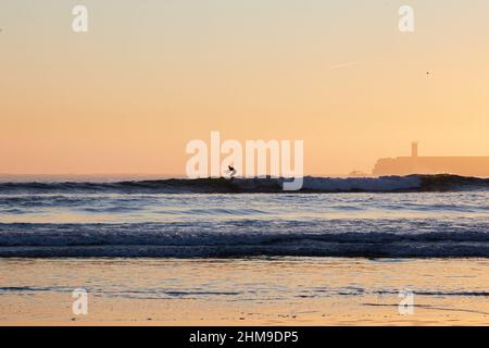7 février 2022, Matosinhos, Porto, Portugal : un surfeur fait une vague sur la plage de Matosinhos. Les gens surfent sur la plage de Matosinhos même pendant la pandémie de Covid-19. (Image de crédit : © Rita Franca/SOPA Images via ZUMA Press Wire) Banque D'Images
