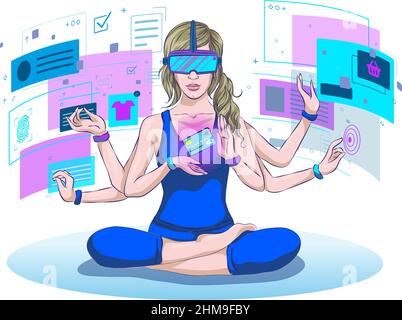 Concept métaverse, femme portant des lunettes de casque de réalité naturelle se connectant à l'espace virtuel et à l'illustration vectorielle de l'univers Illustration de Vecteur