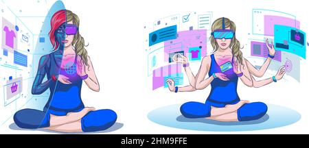Réalité virtuelle numérique Metaverse et technologie de réalité augmentée, femmes en réalité micro-casques se connectant à l'espace virtuel et à la réalité vectorielle Illustration de Vecteur