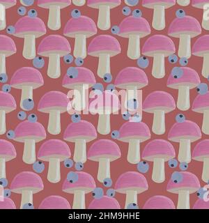 Motif champignon rose sans couture, empreinte de champignon sauvage, dessin textile, papier peint fixe, plante forestière magique, papier peint botanique, Imprimé rétro Banque D'Images