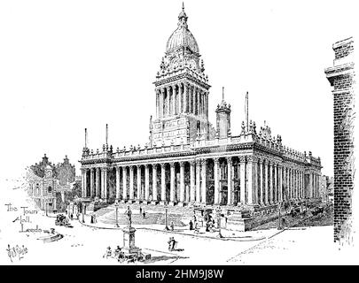 Illustration en noir et blanc ; l'hôtel de ville de Leeds, Yorkshire à la fin du 19th siècle Banque D'Images