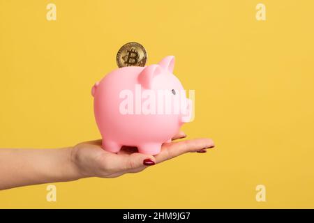 Gros plan vue de côté portrait de femme main tenant la banque de porc avec la pièce d'or, des économies d'argent. Studio d'intérieur isolé sur fond jaune. Banque D'Images