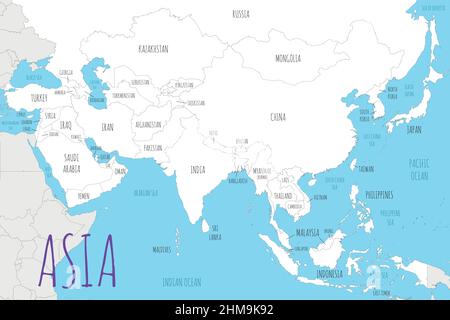 Illustration vectorielle de la carte de l'Asie politique avec des pays en blanc. Calques modifiables et clairement étiquetés. Illustration de Vecteur