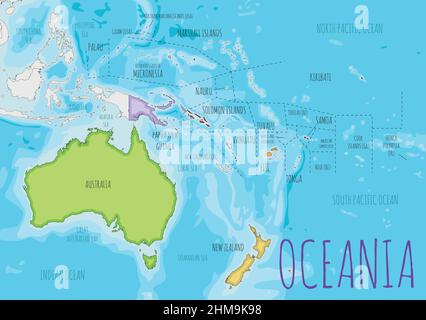 Political Oceania Illustration vectorielle de carte avec différentes couleurs pour chaque pays. Calques modifiables et clairement étiquetés. Illustration de Vecteur