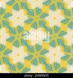 Style azulejo moderne résumé fleurs têtes vecteur sans couture motif. Fond blanc estival, vert, jaune de motifs floraux dessinés à la main. Arabe Illustration de Vecteur