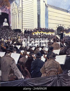 Les funérailles de Giuseppe Verdi. Arturo Toscanini dirige le Chœur de Nabucco au cimetière monumental Milan - Illustration de 1901 dans ' Tribuna Illustrata ' - les funérailles de Giuseppe Verdi. Arturo Toscanini dirige le chœur de Nabucco au cimetière monumental de Milan - 1901 de Tribuna Illustrata Banque D'Images