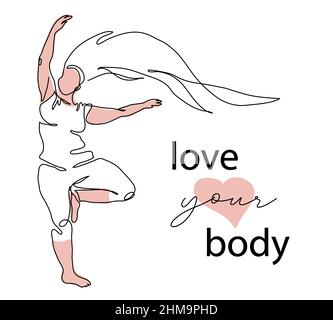 Chubby, Plump, graisse, obèse, vecteur de taille plus femme ou fille linéart. Aimez votre corps, citation positive de corps avec l'illustration de femme dans la pose de yoga. Un Illustration de Vecteur