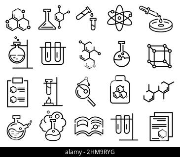 Ensemble d'icônes de chimie plate.Pictogramme de laboratoire scientifique pour le Web.Trait.Symboles chimiques labratoires isolés sur fond blanc.Vecteur eps10 Banque D'Images