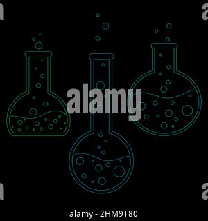 Les icônes vectorielles des tubes à essai chimiques définissent des illustrations plates minimalistes.Expérimentez des flacons chimiques pour la science isolés sur fond noir. Illustration de Vecteur