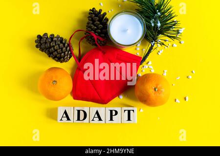 Les mandarines se trouvent dans le masque médical parmi les branches de l'arbre de Noël, mot adapter cubes en bois Banque D'Images