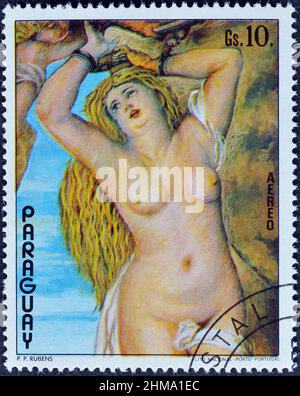 Timbre-poste annulé imprimé par le Paraguay, qui montre peinture la Vénus de congélation, 400th anniversaire de Rubens, vers 1977. Banque D'Images