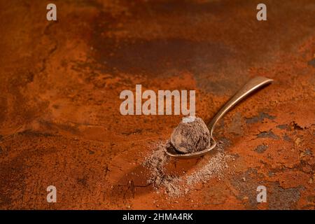 Du dessus de la composition sur une petite cuillère en métal avec une délicieuse truffe au chocolat et de la poudre de cacao placée sur une surface rouillée Banque D'Images