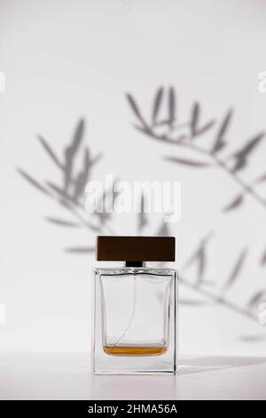 Flacon de parfum transparent en verre avec essence placé sur la surface blanche contre l'arrière-plan avec des ombres de branches avec des feuilles de plante Banque D'Images