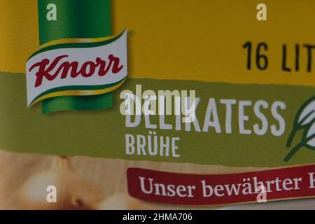 Rheinbach, Allemagne 19 mai 2021, Vue rapprochée d'un paquet de bouillon délicieux 'Knorr' Banque D'Images