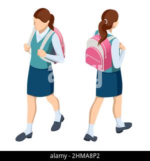 L'élève isométrique en uniforme scolaire va à l'école avec un sac à dos éducation. Le début d'une nouvelle année scolaire. Étudiante adolescente, lycée féminin Illustration de Vecteur