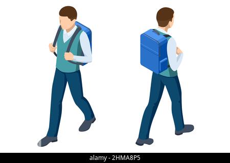 L'élève isométrique en uniforme scolaire va à l'école avec un sac à dos éducation. Le début d'une nouvelle année scolaire. Étudiant adolescent, lycée masculin Illustration de Vecteur