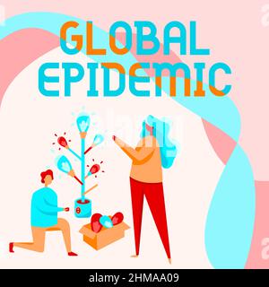 Légende du texte présentant Global Epidemic. Mot écrit sur une propagation rapide d'une maladie transmissible sur une vaste zone géographique dessin d'homme et de femme Banque D'Images