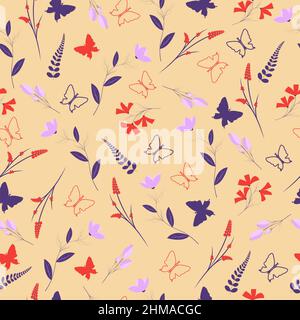 Motif délicat sans couture avec de magnifiques fleurs et papillons. Illustration de Vecteur