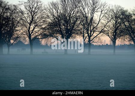 Les gens marchent dans un parc couvert de brume et de gel à Ilford, dans l'est de Londres, au lever du soleil. Banque D'Images