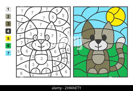 Simple vecteur colorant animal chat, couleur par nombres. Jeu de puzzle pour l'éducation des enfants Illustration de Vecteur