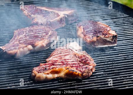 Divers steaks sont disponibles, dont des yeux de côtes, des os de t, des steaks de filet et des steaks de rumsteck. Filets de filet et morceaux de sirloin. Viande de bœuf biologique séchée. Banque D'Images