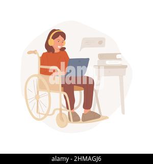 Tutorat en ligne pour les étudiants handicapés Illustration vectorielle de dessin animé isolée. Tutorat en ligne pour les enfants handicapés, étudiant en fauteuil roulant, vidéo conférence avec un vecteur de dessin animé d'enseignant. Illustration de Vecteur