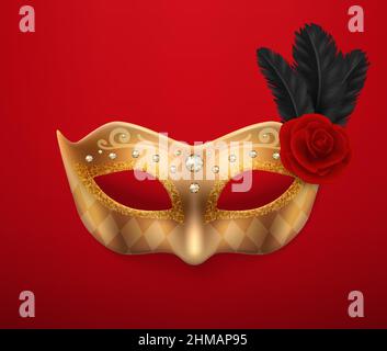 Vector 3D Realistic Carnival masque, Rose, plumes.Masque doré pour la fête, plumes noires, rose rouge.Gros plan masqué.Modèle de conception de masque Illustration de Vecteur