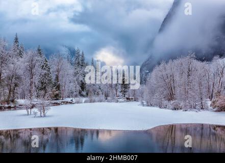 De la neige fraîche et neuve s'étend sur les paysages de Merced River après une tempête d'hiver dans le parc national de Yosemite, Californie, États-Unis. Banque D'Images