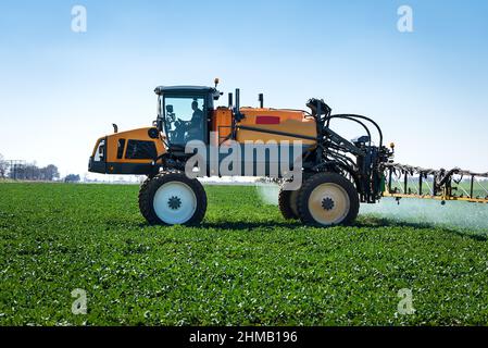 Image aérienne du tracteur pulvérisant du sol et des jeunes cultures au printemps dans le champ. Banque D'Images