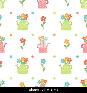Motif sans coutures. Arrosoirs de jardin avec fleurs. Pdttern coloré pour Pâques. Imprimé puéril pour la petite-bébé. Pour affiches, cartes, vêtements Illustration de Vecteur