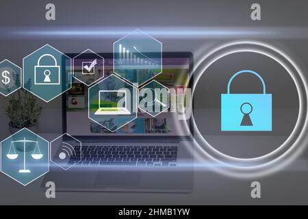 Concept de cybersécurité numérique et de protection réseau. Mécanisme de verrouillage virtuel pour accéder aux ressources partagées. Écran de contrôle virtuel interactif avec Banque D'Images