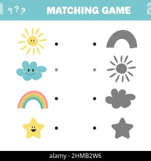 Jeu éducatif pour les enfants. Trouvez l'ombre correcte. Mini-jeu pour les enfants avec soleil mignon, nuage, arc-en-ciel, étoile Illustration de Vecteur