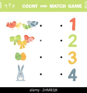 Comptez le nombre d'articles. Caractères de Pâques vectoriels. Jeu éducatif. Joli lapin de Pâques, oiseaux, œufs, arcs. Illustration de Vecteur