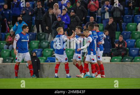 Windsor Park, Belfast, Irlande du Nord, Royaume-Uni. 08 févr. 2022. Danske Bank Premiership – Linfield (bleu) v Larne. Action du match de ce soir au parc Windsor. Stephen Fallon (20) célèbre son objectif pour Linfield. Crédit : CAZIMB/Alamy Live News. Banque D'Images