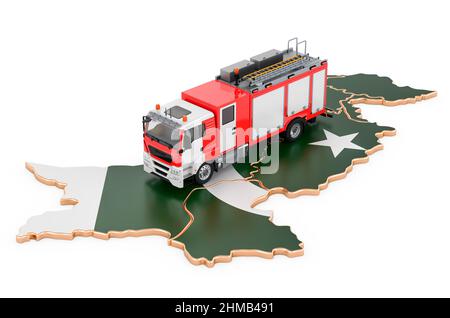 Pompiers au Pakistan. Tirer un camion sur la carte pakistanaise. 3D rendu isolé sur fond blanc Banque D'Images