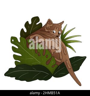 Illustration représentant un chat mignon et des feuilles tropicales dessinées à la main. Dessin jungle Banque D'Images