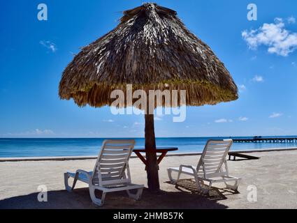 2 chaises longues blanches en plastique sous une palapa, sur la plage, face à la mer des Caraïbes sur la côte est de San Pedro, Belize. Banque D'Images