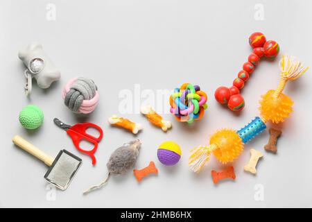 Ensemble d'accessoires de soin pour animaux de compagnie et de collations isolées sur fond blanc Banque D'Images